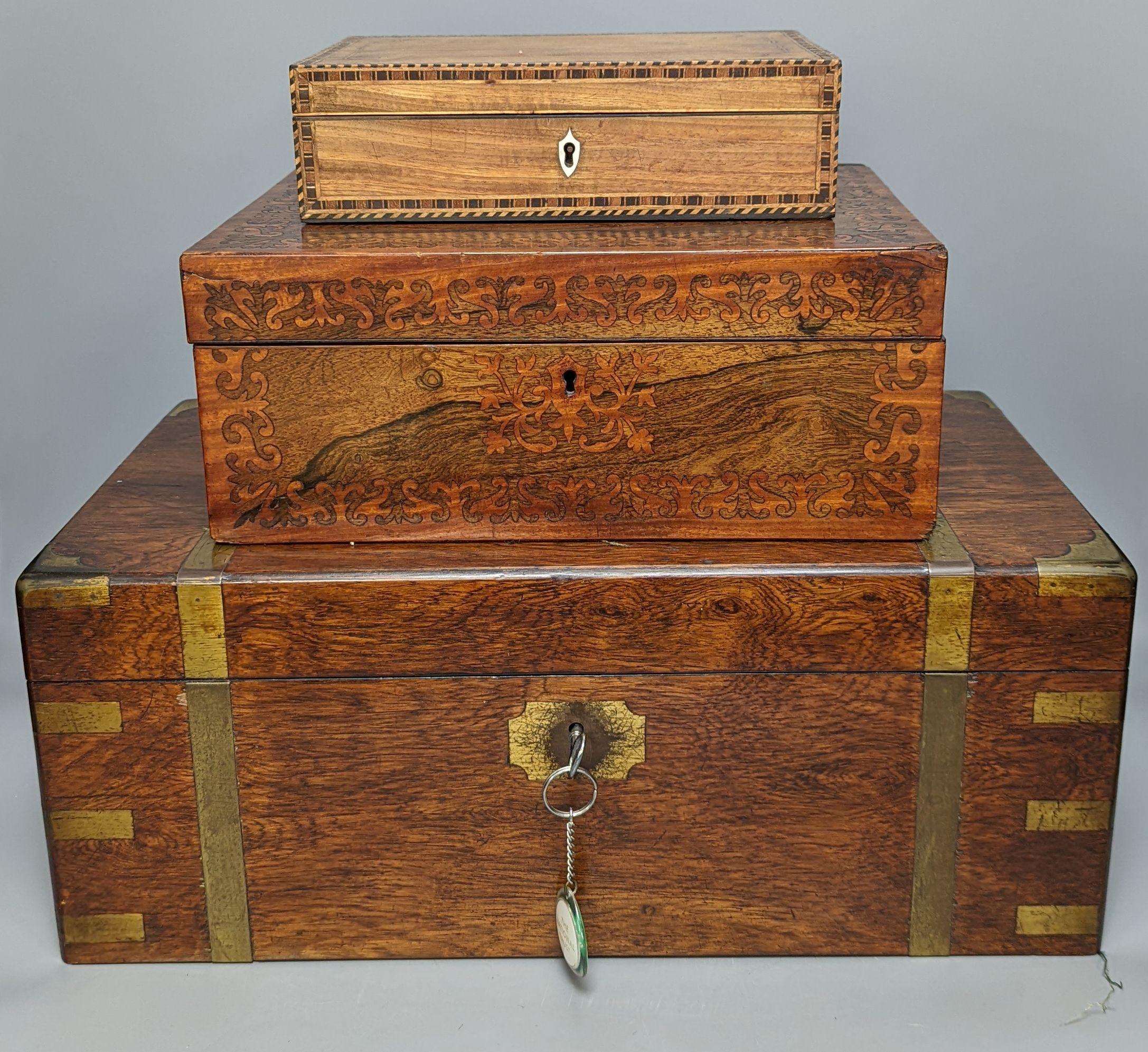 A Victorian rosewood writing slope and two other 19th century boxes, Writing slope 45cm x 18cm